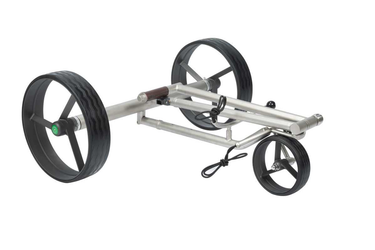 Lithium Elektro Golf Trolley Kolibri lago® K3, Edelbeschichtung in Titan-Optik, schnell-zerlegbar/-klappbar, mit Bergabfahrbremse, Fernbedienung als Option